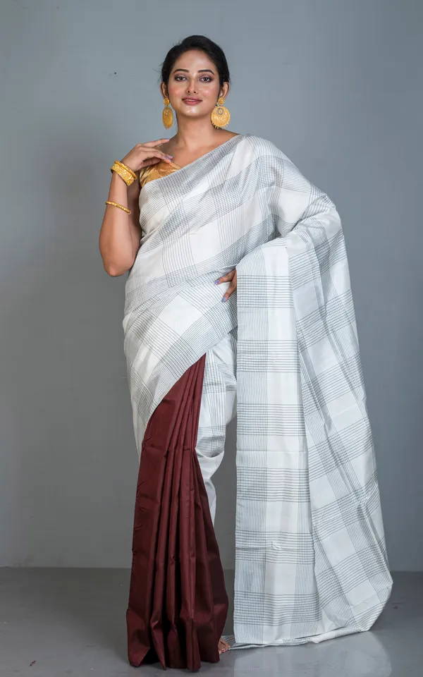 Half_And_Half_Soft_Bishnupuri_Designer_Katan_Silk_Saree_In_Off_White_Black_And_Penny_Brown