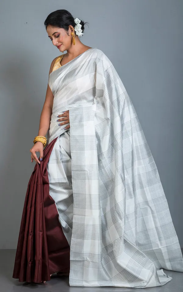 Half_And_Half_Soft_Bishnupuri_Designer_Katan_Silk_Saree_In_Off_White_Black_And_Penny_Brown