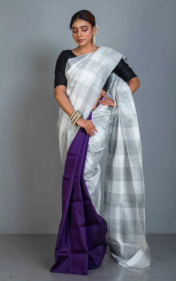 Half_And_Half_Soft_Bishnupuri_Designer_Katan_Silk_Saree_In_Off_White_Black_And_Purple