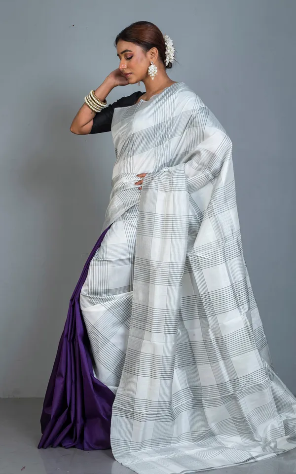 Half_And_Half_Soft_Bishnupuri_Designer_Katan_Silk_Saree_In_Off_White_Black_And_Purple