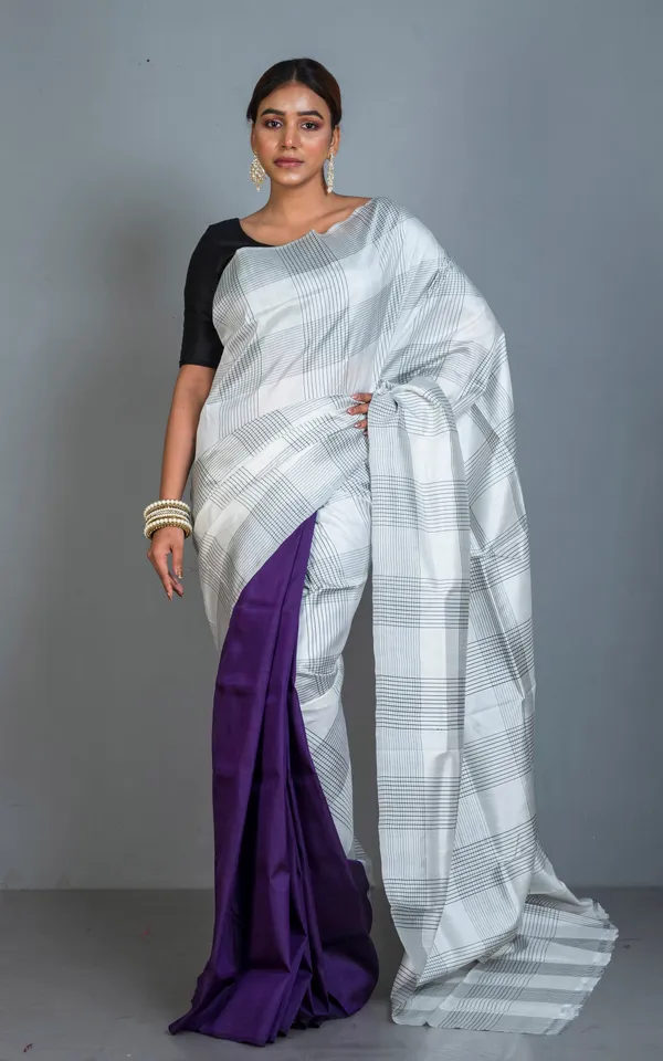 Half_And_Half_Soft_Bishnupuri_Designer_Katan_Silk_Saree_In_Off_White_Black_And_Purple