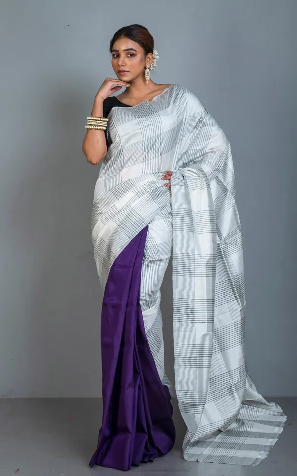 Half_And_Half_Soft_Bishnupuri_Designer_Katan_Silk_Saree_In_Off_White_Black_And_Purple