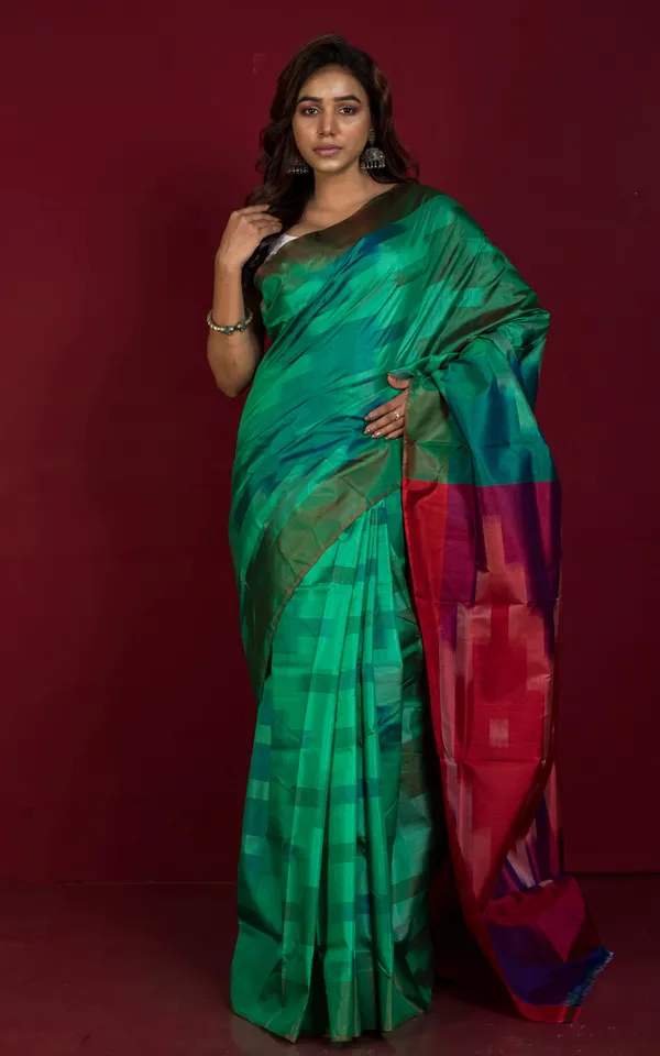 Bishnupuri_Pochampally_Ikkat_Silk_Saree_In_Myrtle_Green_Red_And_Multicolor