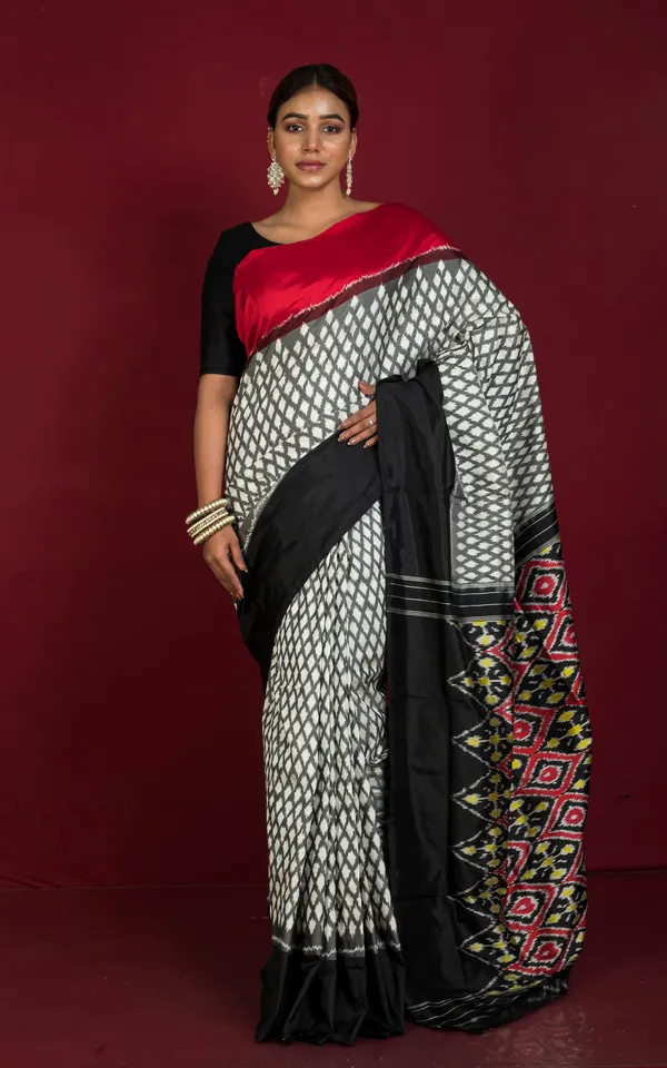 Designer_Ganga_Jamuna_Border_Ikkat_Pochampally_Silk_Saree_In_Off_White_Red_Black_Grey_And_Yellow