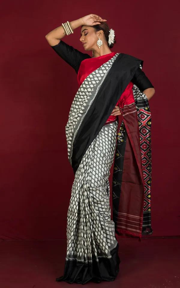 Designer_Ganga_Jamuna_Border_Ikkat_Pochampally_Silk_Saree_In_Off_White_Red_Black_Grey_And_Yellow