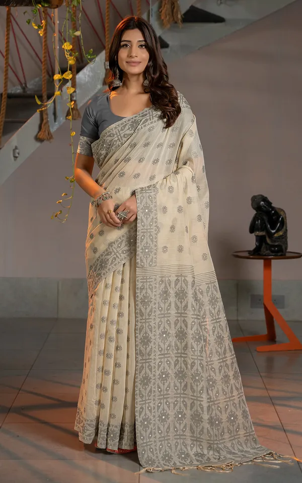 Tantuja_Inspired_Traditional_Floral_Nakshi_Butta_Work_Soft_Jamdani_Saree_In_Royal_Beige_Gray_And_Matt_Golden