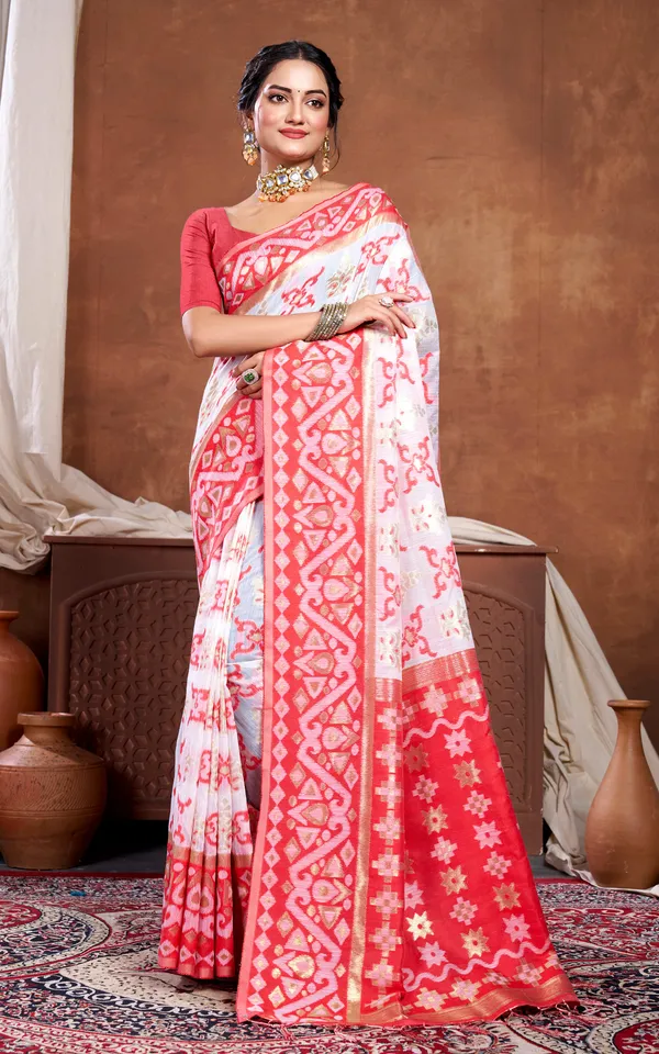 Traditional_Skirt_Nakshi_Work_Soft_Jamdani_Saree_In_Off_White_Red_And_Golden