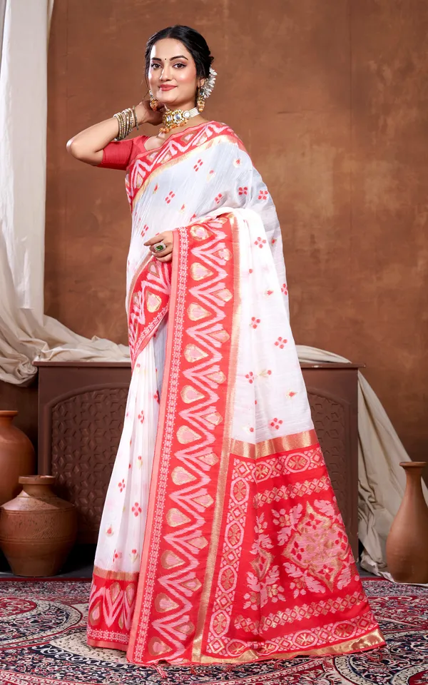Traditional_Skirt_Nakshi_Work_Soft_Jamdani_Saree_In_Off_White_Red_And_Golden