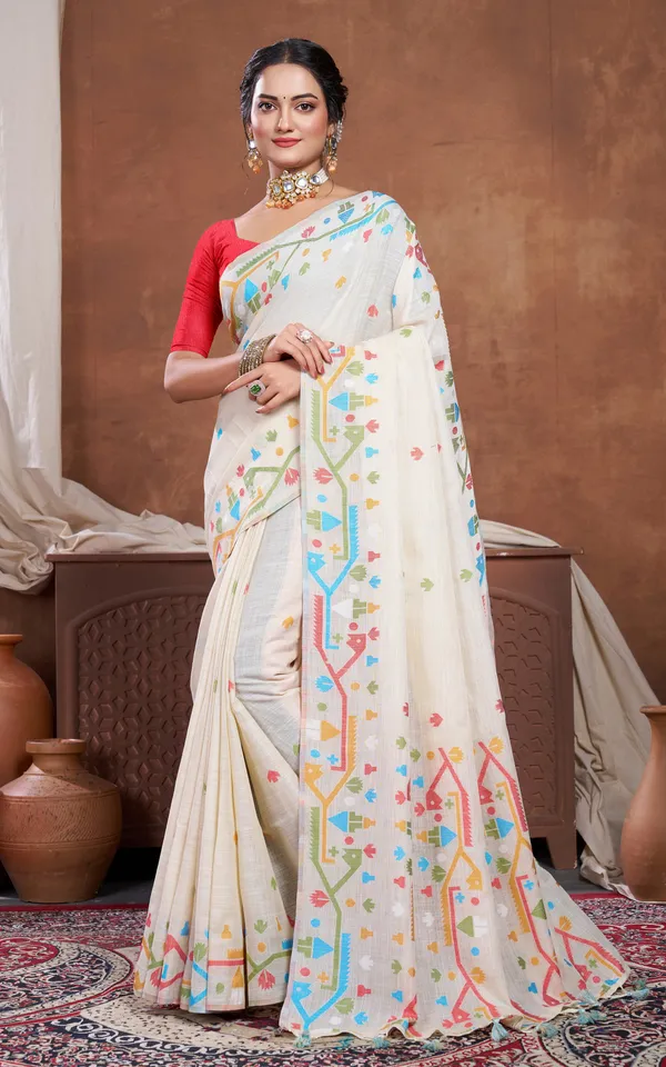 Traditional_Needle_Karat_Work_Soft_Cotton_Linen_Jamdani_Saree_In_Beige_And_Multicolor