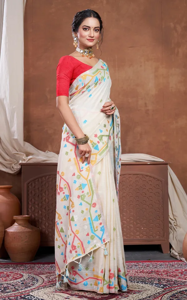 Traditional_Needle_Karat_Work_Soft_Cotton_Linen_Jamdani_Saree_In_Beige_And_Multicolor