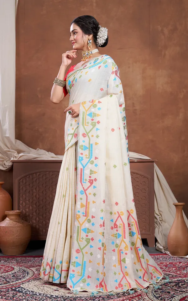 Traditional_Needle_Karat_Work_Soft_Cotton_Linen_Jamdani_Saree_In_Beige_And_Multicolor