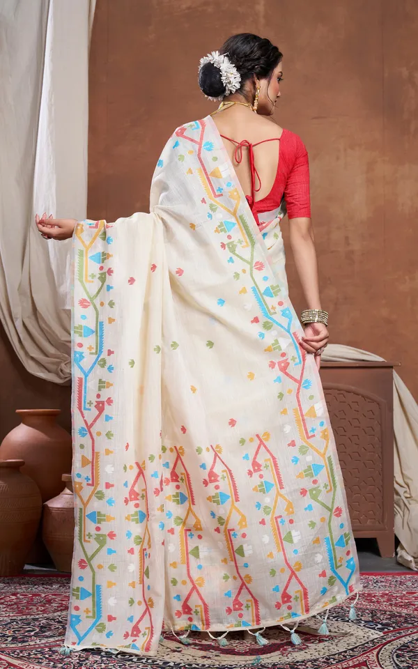 Traditional_Needle_Karat_Work_Soft_Cotton_Linen_Jamdani_Saree_In_Beige_And_Multicolor