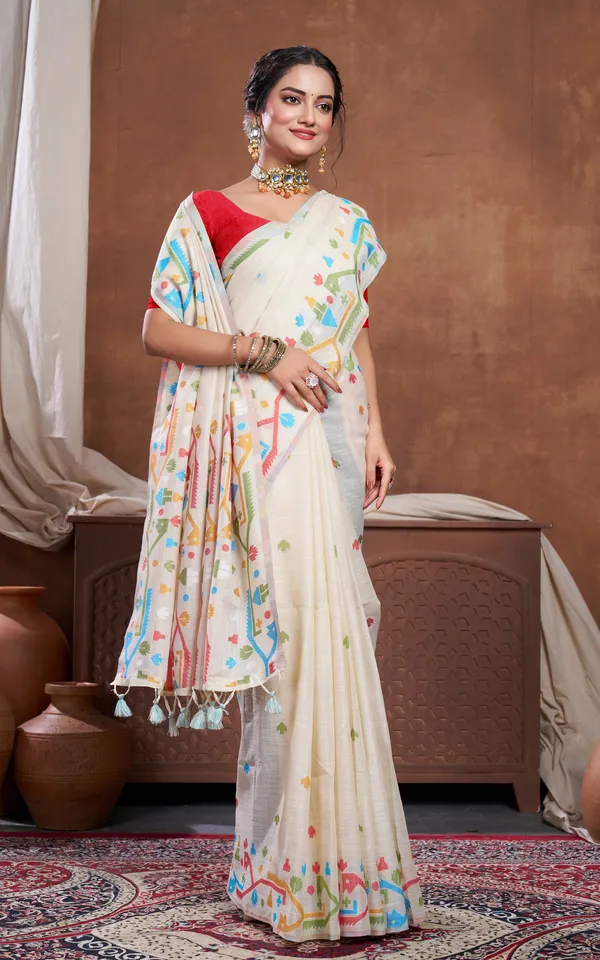 Traditional_Needle_Karat_Work_Soft_Cotton_Linen_Jamdani_Saree_In_Beige_And_Multicolor