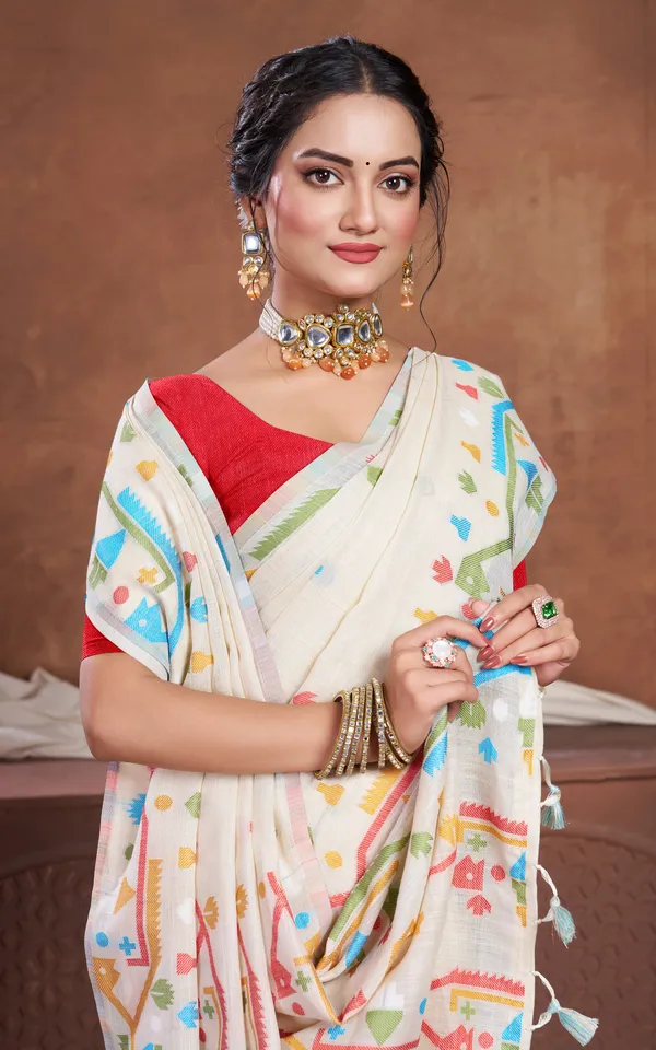 Traditional_Needle_Karat_Work_Soft_Cotton_Linen_Jamdani_Saree_In_Beige_And_Multicolor