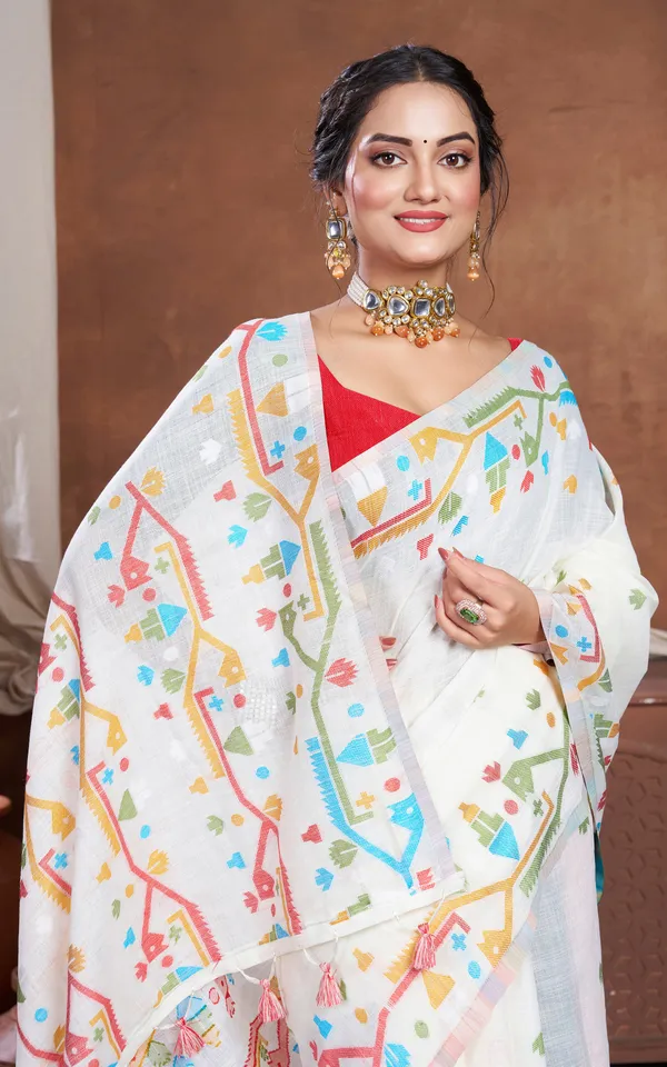 Traditional_Needle_Karat_Work_Soft_Cotton_Linen_Jamdani_Saree_In_Off_White_And_Multicolor