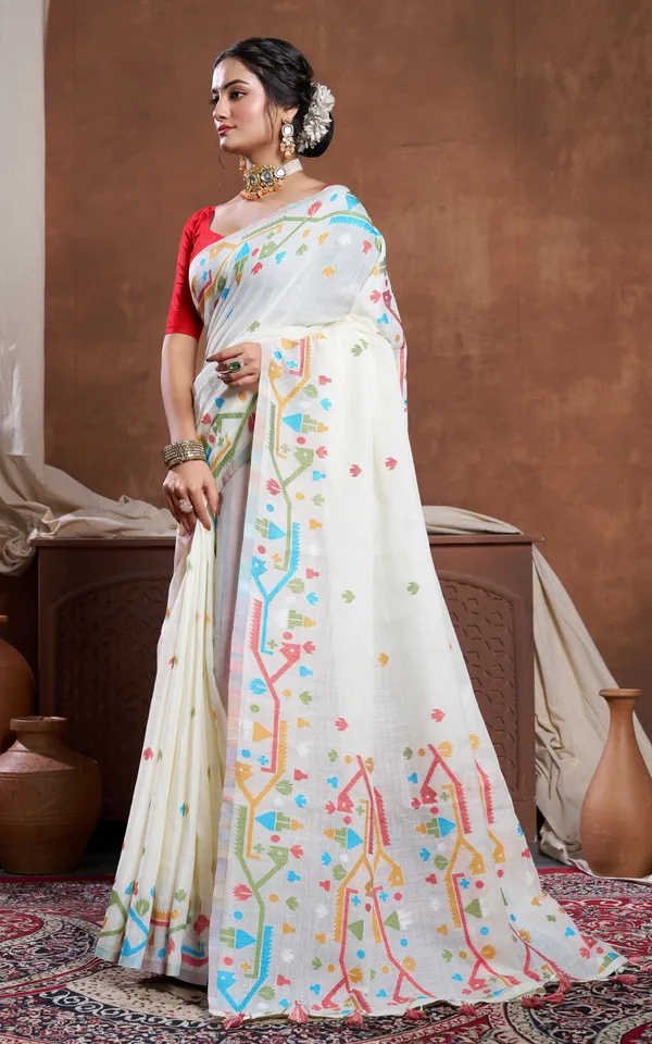 Traditional_Needle_Karat_Work_Soft_Cotton_Linen_Jamdani_Saree_In_Off_White_And_Multicolor