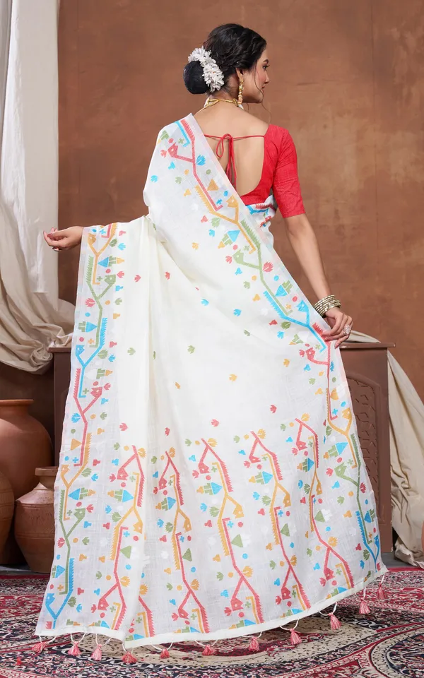 Traditional_Needle_Karat_Work_Soft_Cotton_Linen_Jamdani_Saree_In_Off_White_And_Multicolor