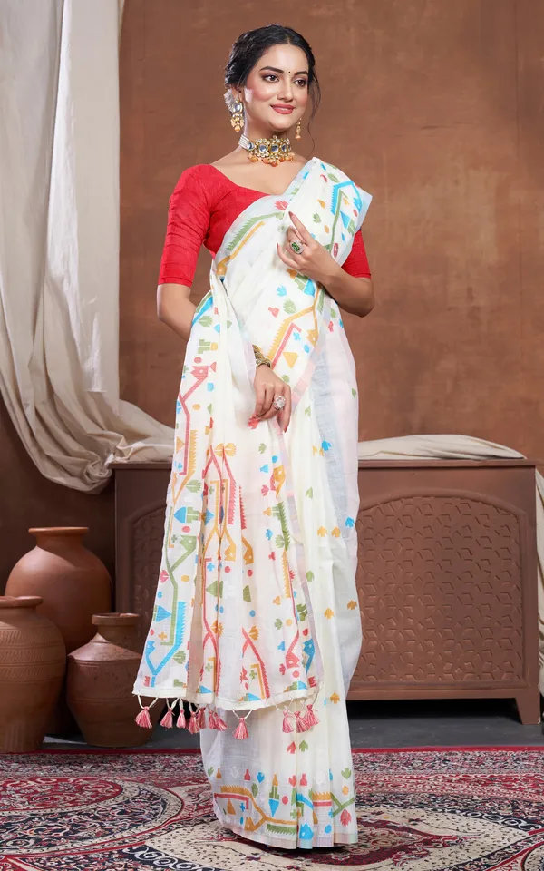 Traditional_Needle_Karat_Work_Soft_Cotton_Linen_Jamdani_Saree_In_Off_White_And_Multicolor