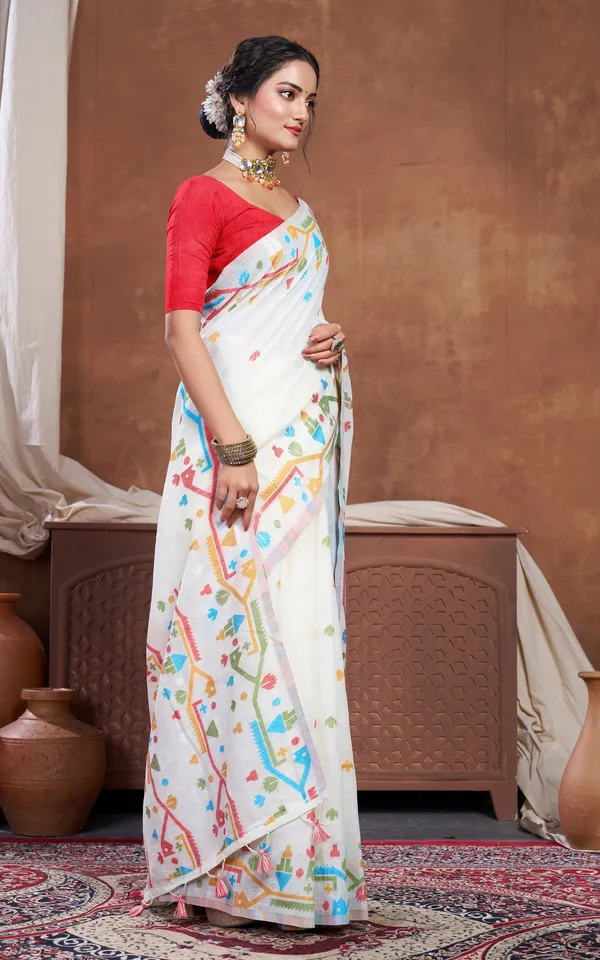 Traditional_Needle_Karat_Work_Soft_Cotton_Linen_Jamdani_Saree_In_Off_White_And_Multicolor