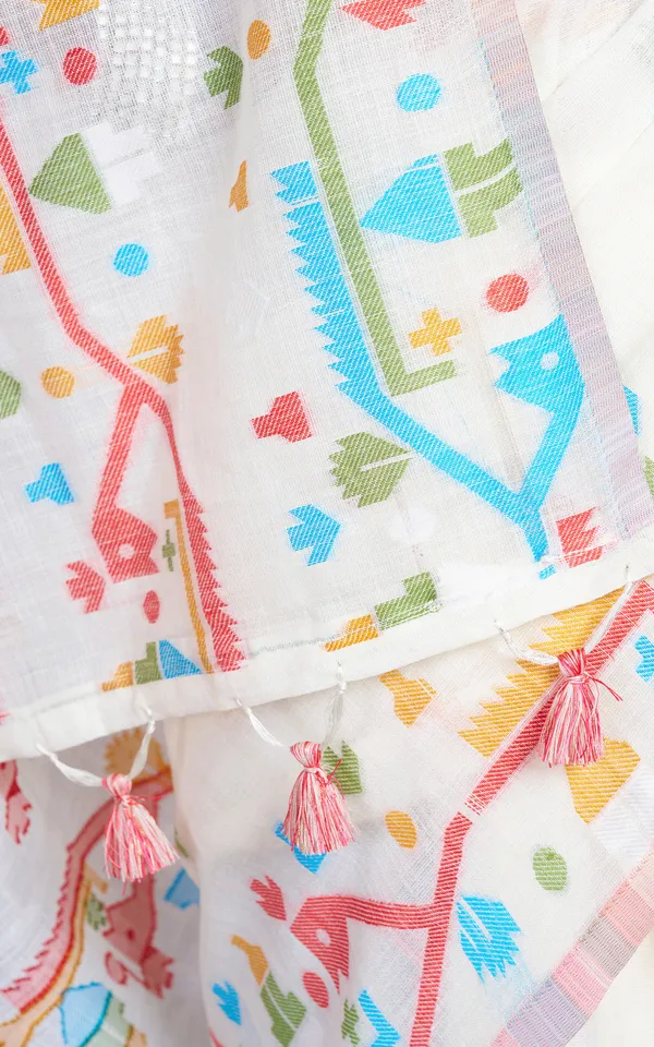 Traditional_Needle_Karat_Work_Soft_Cotton_Linen_Jamdani_Saree_In_Off_White_And_Multicolor