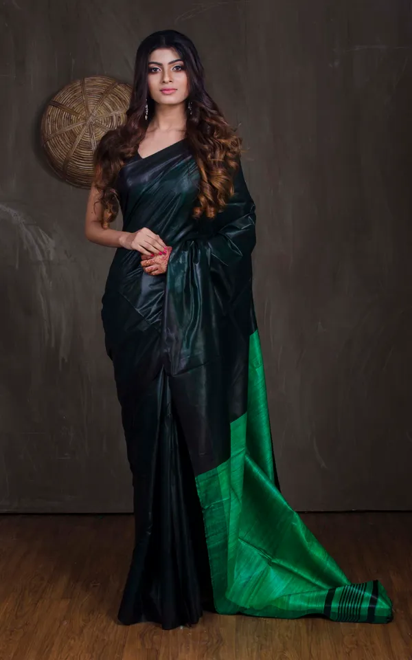 Hand_Woven_Soft_Staple_Ghicha_Tussar_Saree_In_Black_And_Green