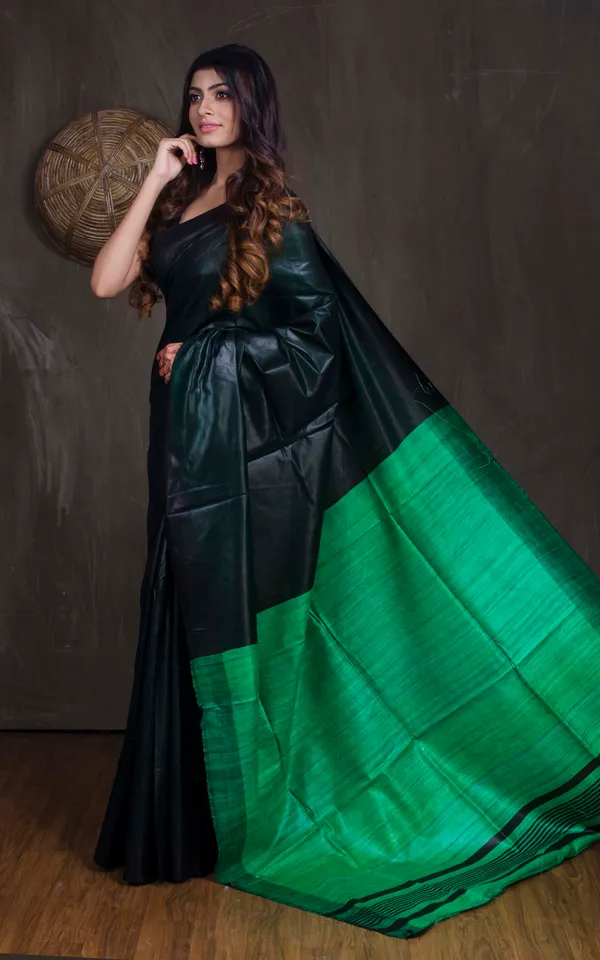 Hand_Woven_Soft_Staple_Ghicha_Tussar_Saree_In_Black_And_Green