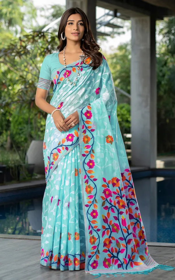 Tantuja_Inspired_Traditional_Woven_Floral_Nakshi_Soft_Jamdani_Saree_In_Sky_Blue_Off_White_Hot_Pink_And_Multicolor