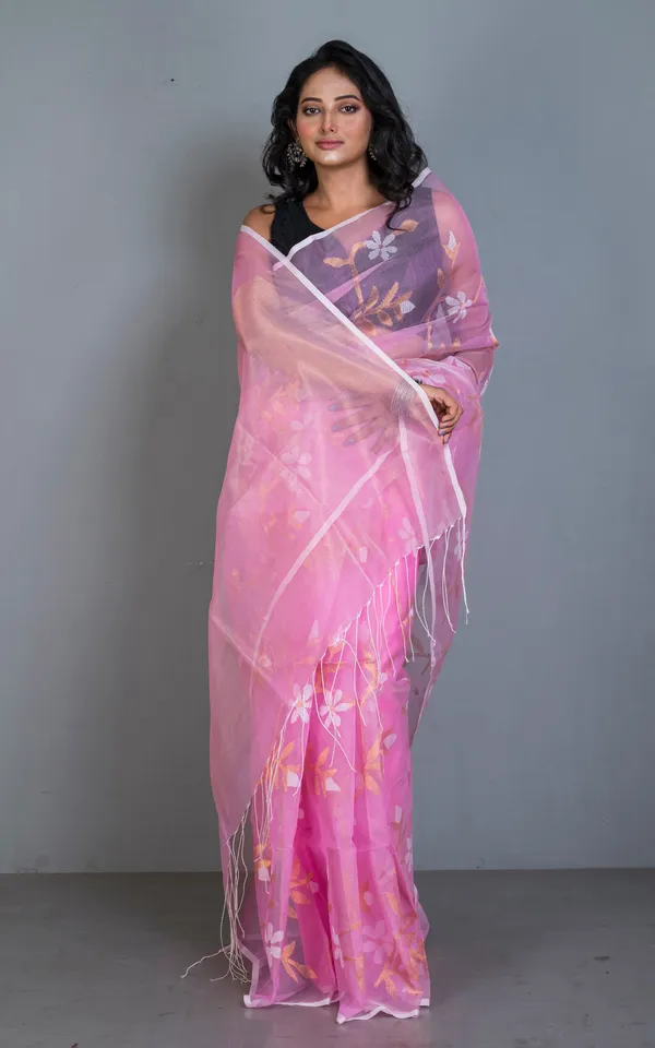 Premium_Poth_Muslin_Silk_Jamdani_Saree_With_Jaal_Floral_Work_In_Cotton_Pink_Off_White_And_Golden