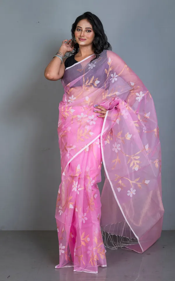 Premium_Poth_Muslin_Silk_Jamdani_Saree_With_Jaal_Floral_Work_In_Cotton_Pink_Off_White_And_Golden