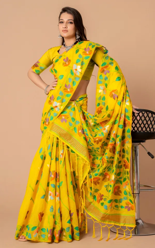 Tantuja_Inspired_Traditional_Soft_Jamdani_Saree_In_Yellow_Green_And_Multicolor_Nakshi_Thread_Weave