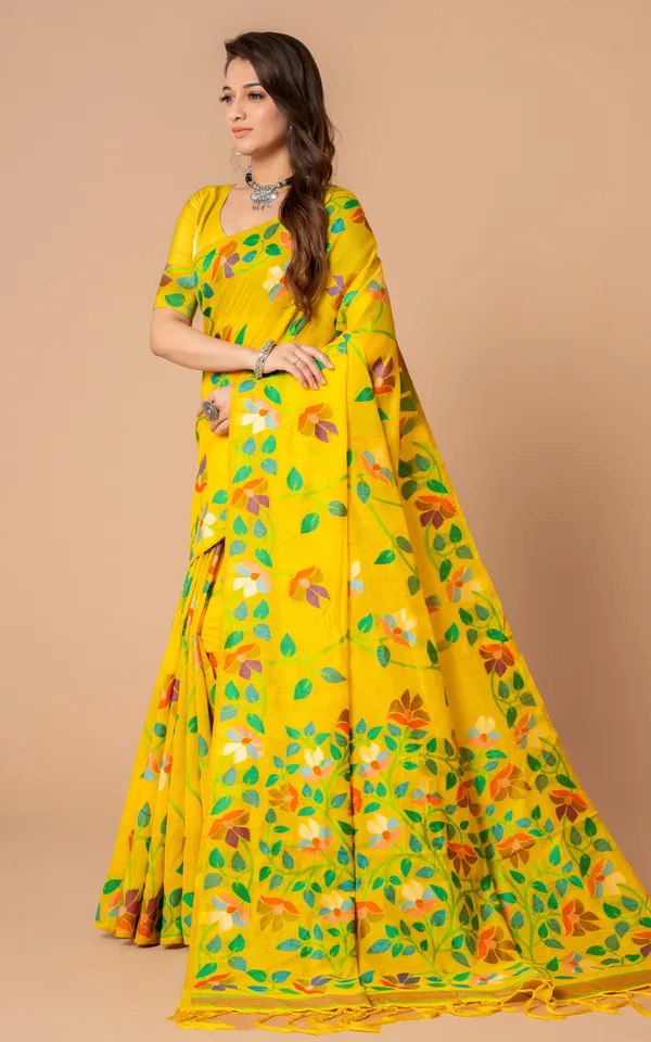 Tantuja_Inspired_Traditional_Soft_Jamdani_Saree_In_Yellow_Green_And_Multicolor_Nakshi_Thread_Weave
