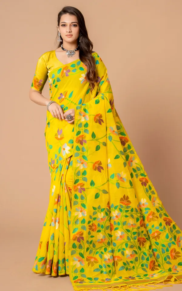 Tantuja_Inspired_Traditional_Soft_Jamdani_Saree_In_Yellow_Green_And_Multicolor_Nakshi_Thread_Weave