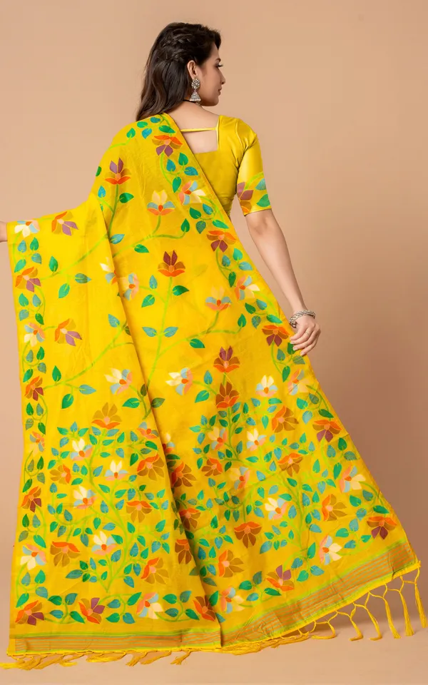 Tantuja_Inspired_Traditional_Soft_Jamdani_Saree_In_Yellow_Green_And_Multicolor_Nakshi_Thread_Weave