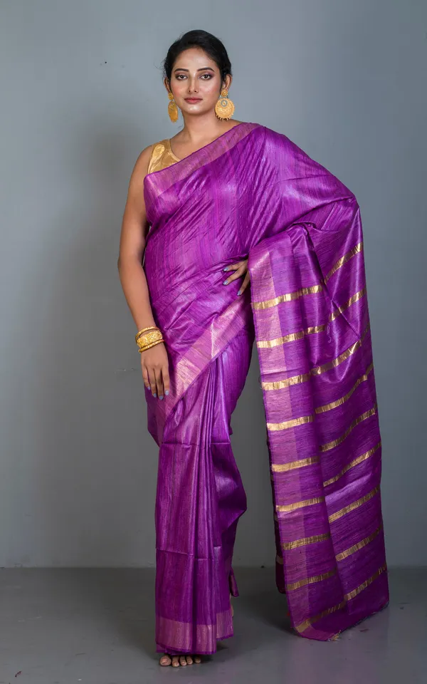 Ghicha_Tussar_Silk_Saree_With_Woven_Gold_Bands_Pallu_In_Purple_And_Golden