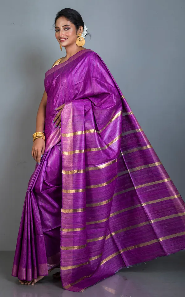Ghicha_Tussar_Silk_Saree_With_Woven_Gold_Bands_Pallu_In_Purple_And_Golden