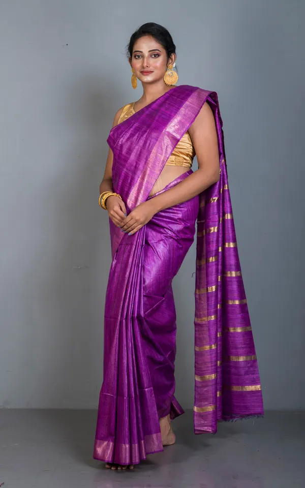 Ghicha_Tussar_Silk_Saree_With_Woven_Gold_Bands_Pallu_In_Purple_And_Golden