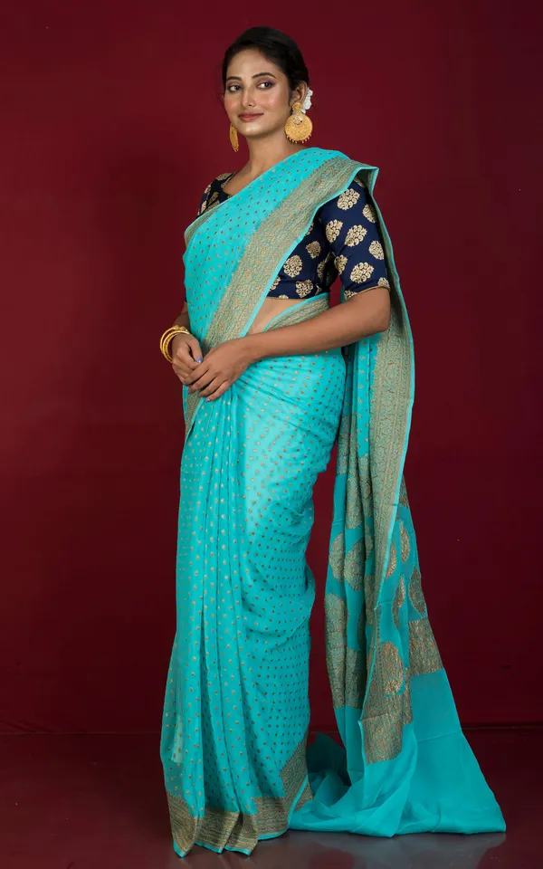 Hand_Woven_Polka_Dots_Pure_Khaddi_Georgette_Banarasi_Saree_In_Aqua_Blue_And_Antique_Golden