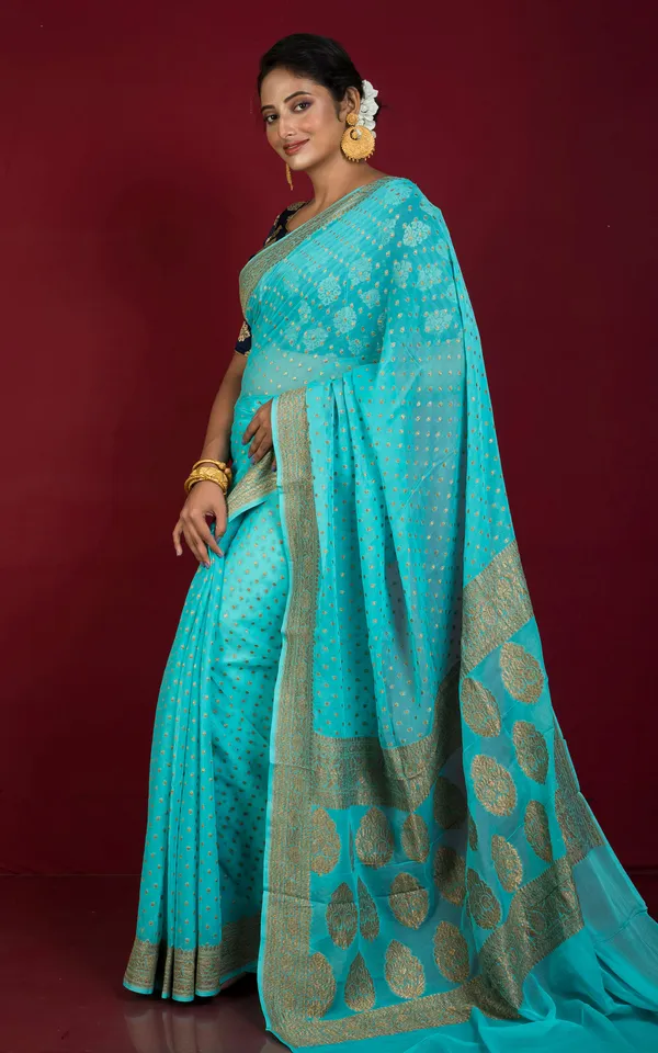 Hand_Woven_Polka_Dots_Pure_Khaddi_Georgette_Banarasi_Saree_In_Aqua_Blue_And_Antique_Golden