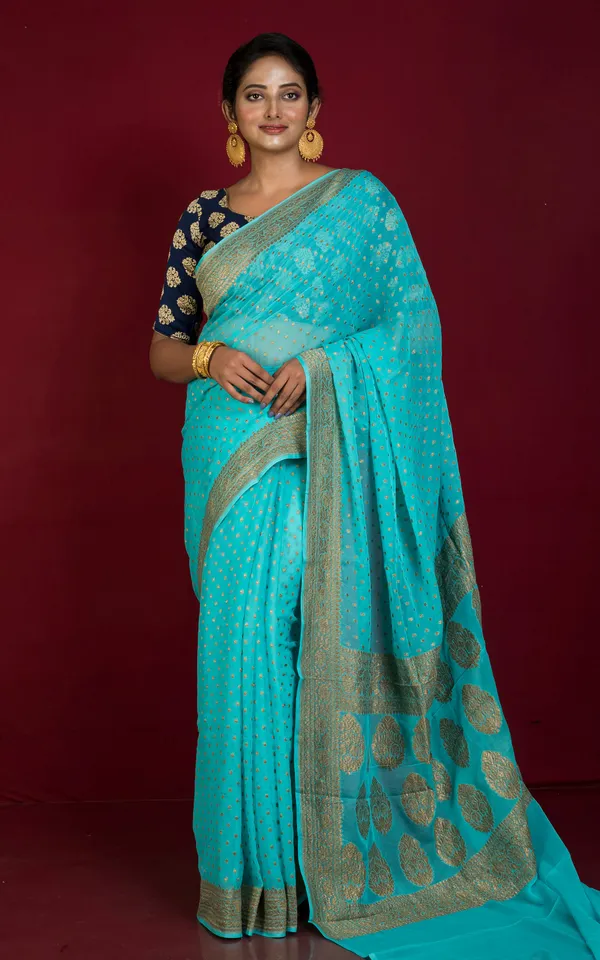 Hand_Woven_Polka_Dots_Pure_Khaddi_Georgette_Banarasi_Saree_In_Aqua_Blue_And_Antique_Golden
