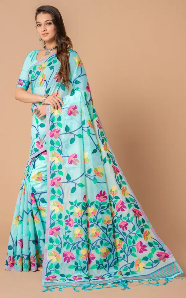 Tantuja_Inspired_Traditional_Soft_Jamdani_Saree_In_Sky_Blue_And_Multicolor_Nakshi_Thread_Weave