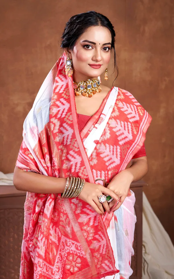 Traditional_Skirt_Nakshi_Work_Soft_Jamdani_Saree_In_Off_White_Bright_Red_And_Golden