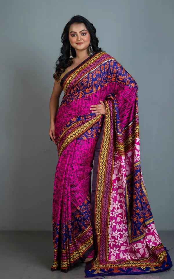 Tie_Dye_Pure_Silk_Hand_Embroidery_Kantha_Stitch_Saree_In_Hot_Pink_Royal_Blue_And_Multicolor_Thread_Work