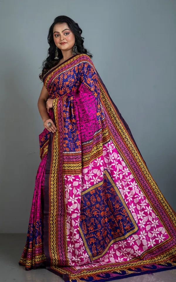 Tie_Dye_Pure_Silk_Hand_Embroidery_Kantha_Stitch_Saree_In_Hot_Pink_Royal_Blue_And_Multicolor_Thread_Work