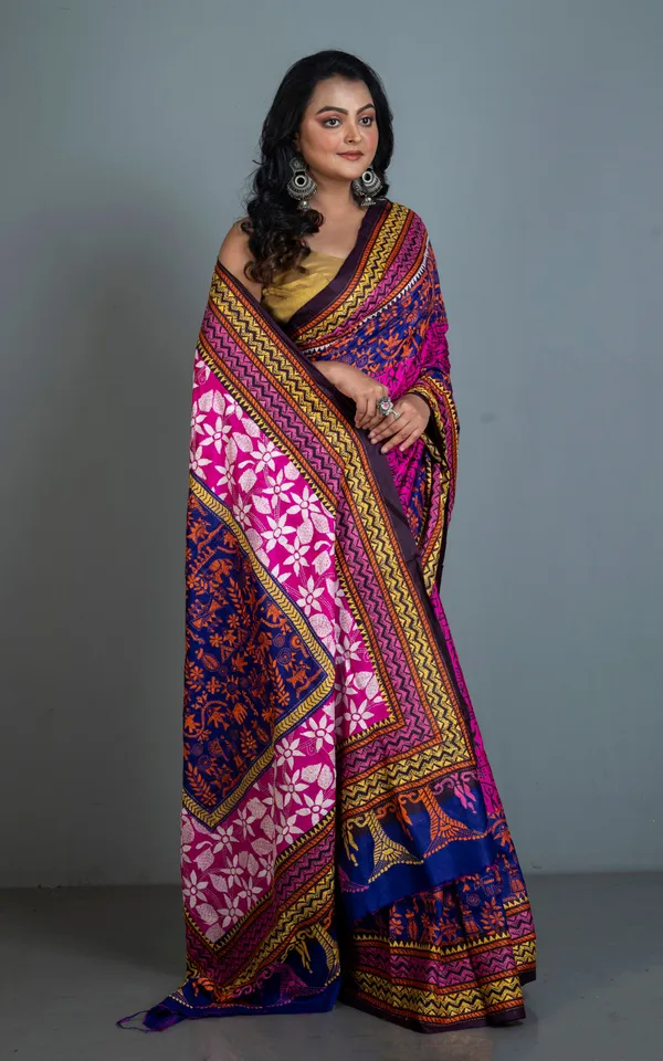 Tie_Dye_Pure_Silk_Hand_Embroidery_Kantha_Stitch_Saree_In_Hot_Pink_Royal_Blue_And_Multicolor_Thread_Work