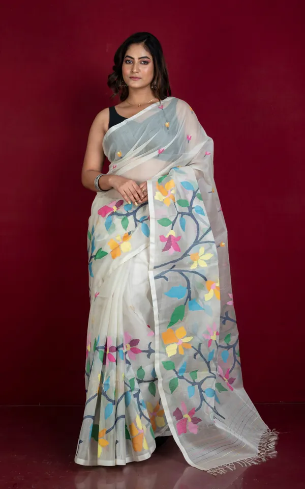 Premium_Quality_Hand_Woven_Floral_Orchid_Nakshi_Work_Muslin_Silk_Dhakai_Jamdani_Saree_In_Pearl_White_And_Multicolor_Meenakari_Thread_Work