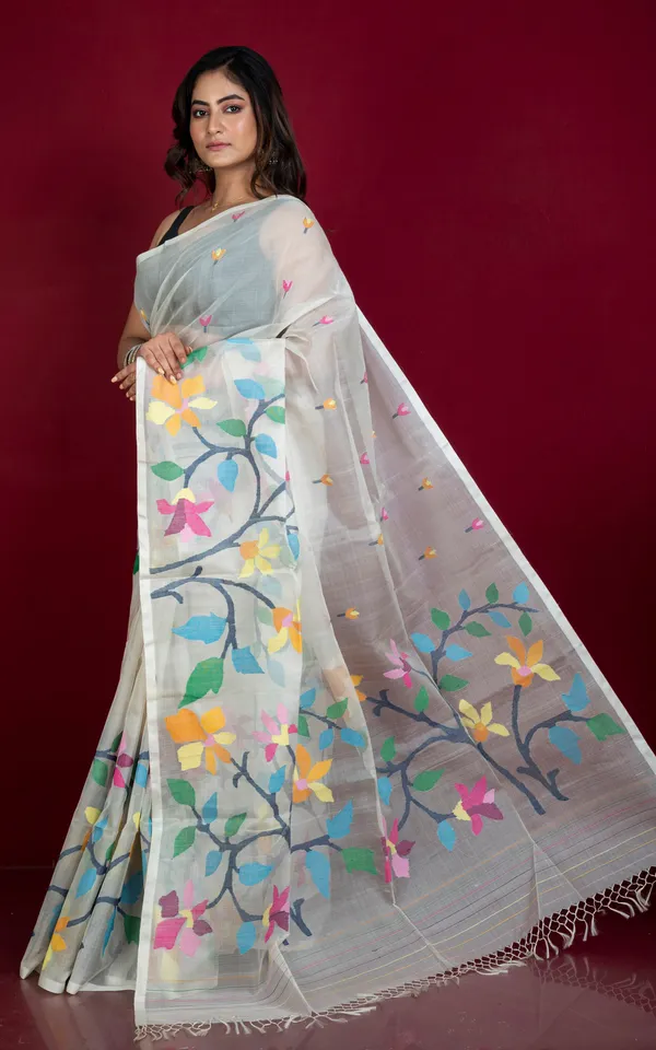 Premium_Quality_Hand_Woven_Floral_Orchid_Nakshi_Work_Muslin_Silk_Dhakai_Jamdani_Saree_In_Pearl_White_And_Multicolor_Meenakari_Thread_Work