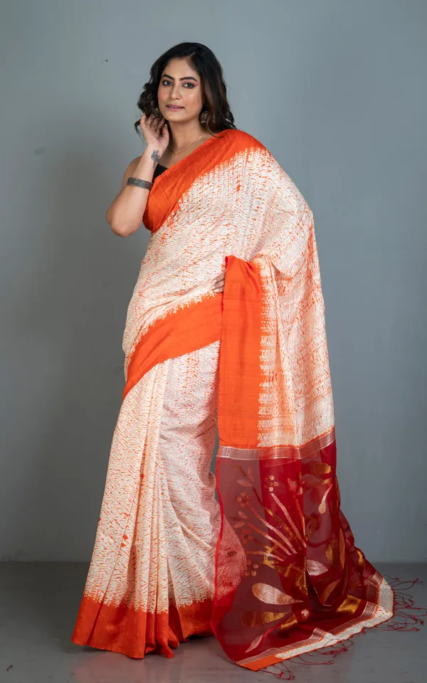 Tussar_Shibori_Matka_Jamdani_Saree_In_Off_White_Orange_With_Copper_And_Silver_Zari_Work