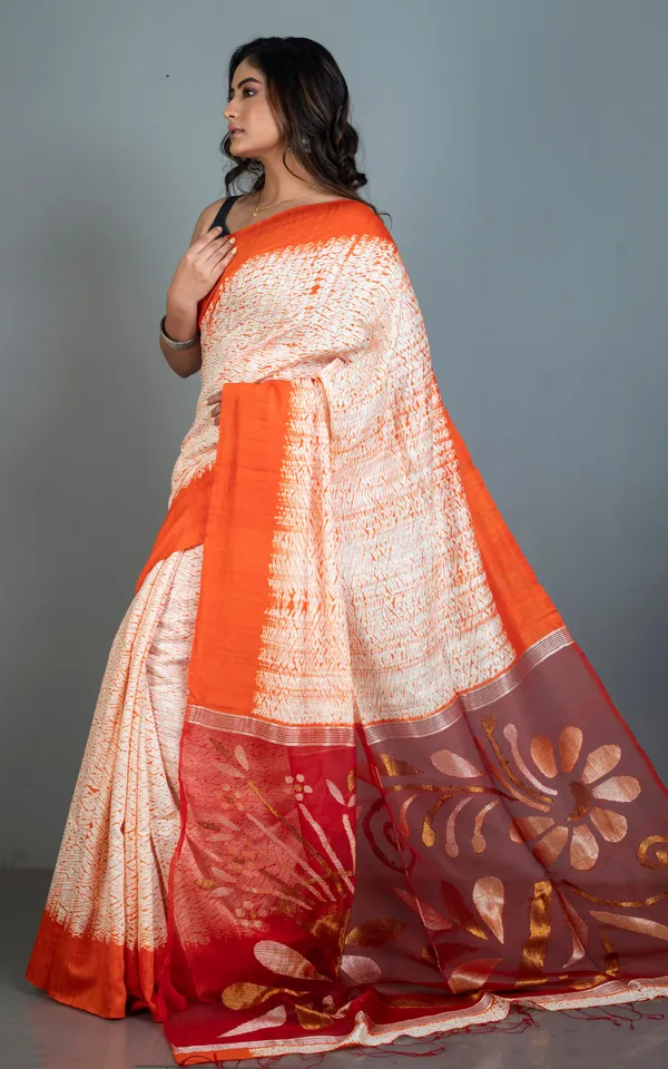 Tussar_Shibori_Matka_Jamdani_Saree_In_Off_White_Orange_With_Copper_And_Silver_Zari_Work