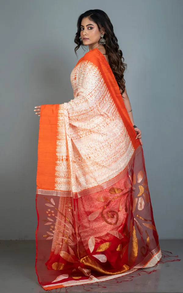 Tussar_Shibori_Matka_Jamdani_Saree_In_Off_White_Orange_With_Copper_And_Silver_Zari_Work