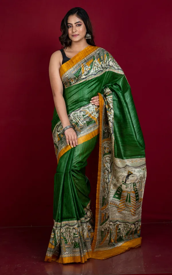 Traditional_Tussar_Ghicha_Kalamkari_Saree_In_Dark_Green_Amber_Yellow_Beige_And_Black